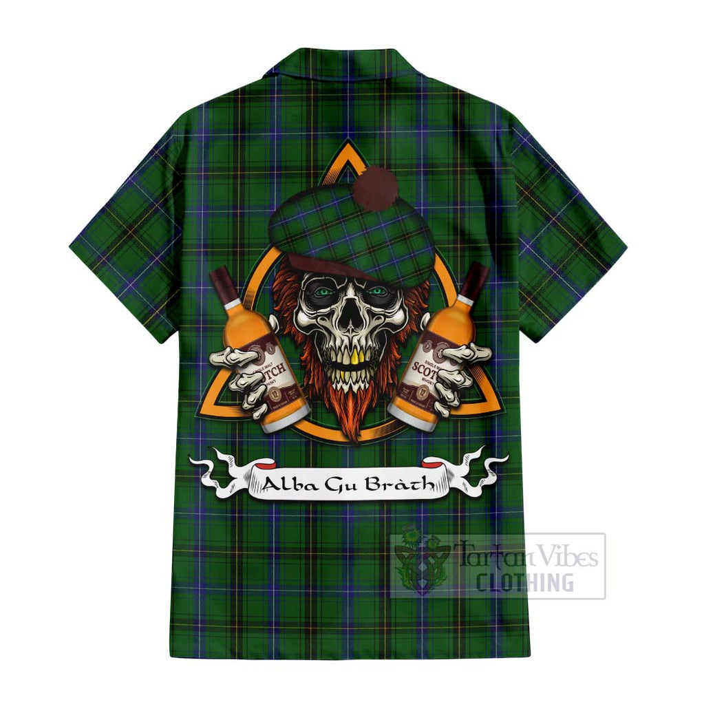 Tartan Vibes Clothing Henderson Tartan Short Sleeve Button Shirt with Family Crest and Bearded Skull Holding Bottles of Whiskey