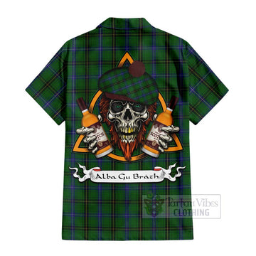 Henderson Tartan Short Sleeve Button Shirt with Family Crest and Bearded Skull Holding Bottles of Whiskey