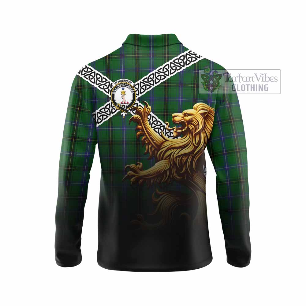 Henderson Crest Tartan Long Sleeve Polo Shirt with Golden Lion Emblem Celtic Style - Tartan Vibes Clothing