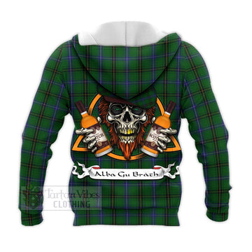 Henderson Tartan Knitted Hoodie with Family Crest and Bearded Skull Holding Bottles of Whiskey