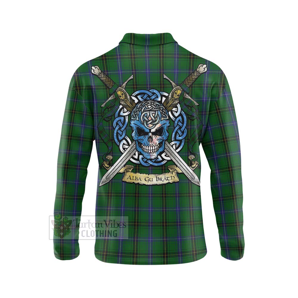 Tartan Vibes Clothing Henderson Tartan Long Sleeve Polo Shirt with Family Crest Celtic Skull Style