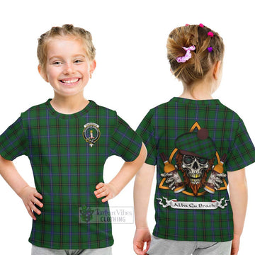 Henderson Tartan Kid T-Shirt with Family Crest and Bearded Skull Holding Bottles of Whiskey