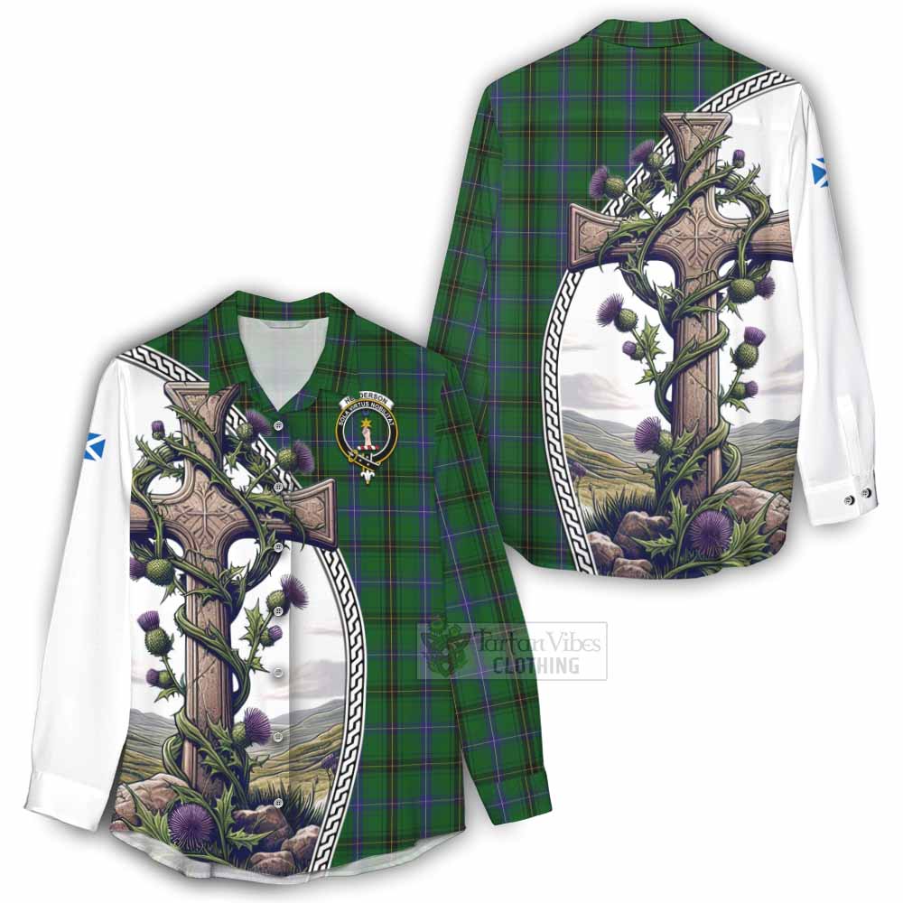 Tartan Vibes Clothing Henderson Tartan Women's Casual Shirt with Family Crest and St. Andrew's Cross Accented by Thistle Vines