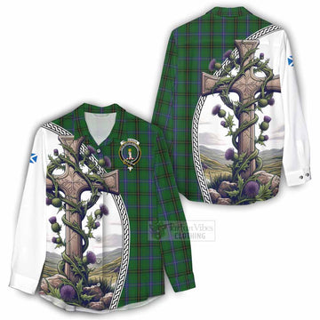 Henderson Tartan Women's Casual Shirt with Family Crest and St. Andrew's Cross Accented by Thistle Vines