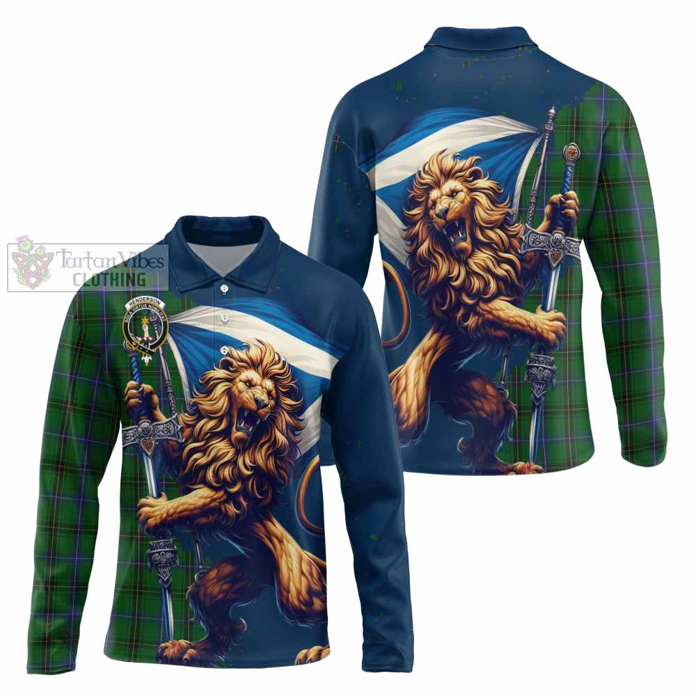 Tartan Vibes Clothing Henderson Tartan Family Crest Long Sleeve Polo Shirt with Scottish Majestic Lion