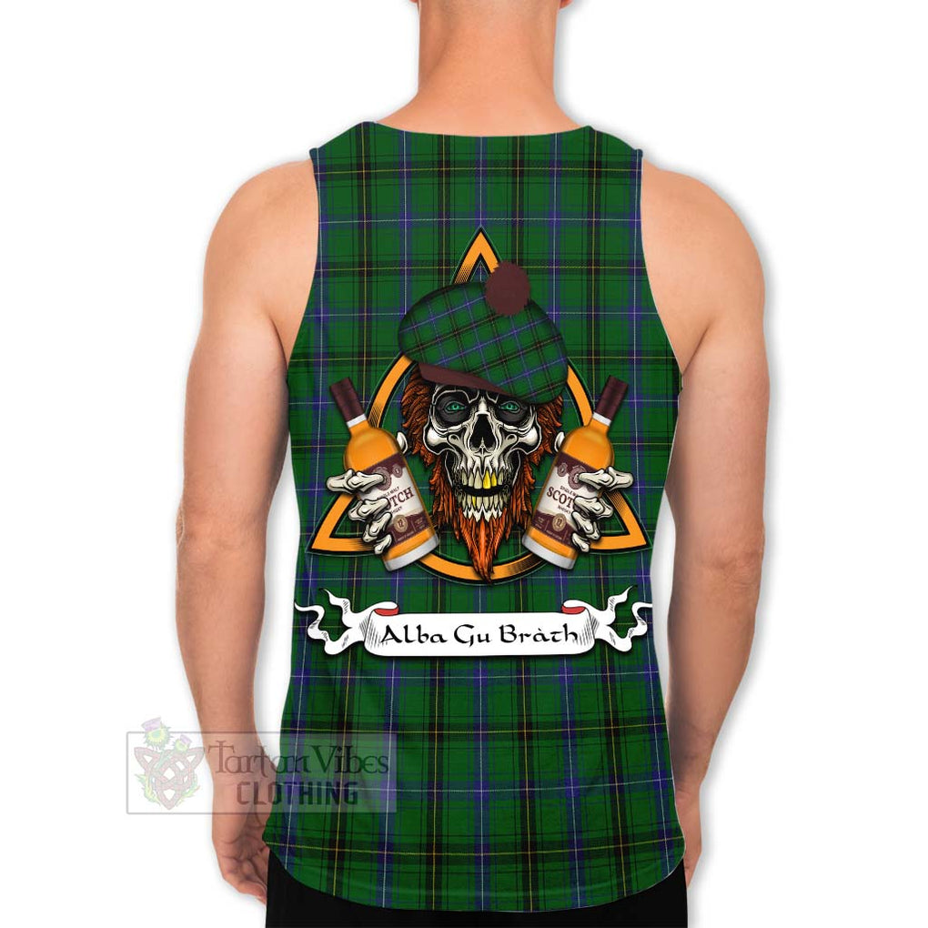 Tartan Vibes Clothing Henderson Tartan Men's Tank Top with Family Crest and Bearded Skull Holding Bottles of Whiskey