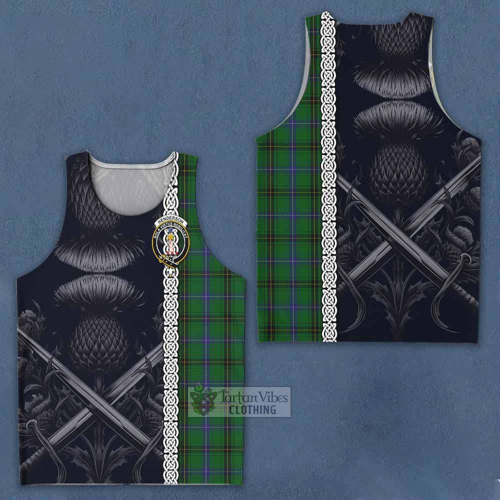 Tartan Vibes Clothing Henderson Tartan Men's Tank Top with Family Crest Cross Sword Thistle Celtic Vibes