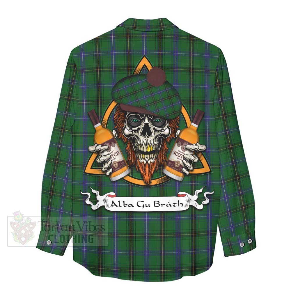 Tartan Vibes Clothing Henderson Tartan Women's Casual Shirt with Family Crest and Bearded Skull Holding Bottles of Whiskey