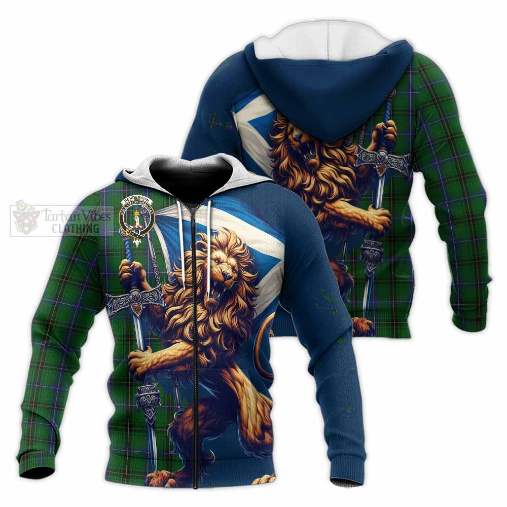 Tartan Vibes Clothing Henderson Tartan Family Crest Knitted Hoodie with Scottish Majestic Lion