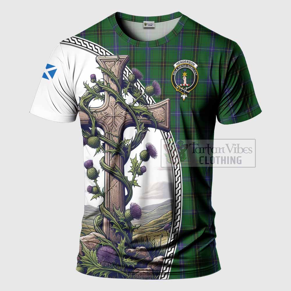 Tartan Vibes Clothing Henderson Agnew Tartan T-Shirt with Family Crest and St. Andrew's Cross Accented by Thistle Vines