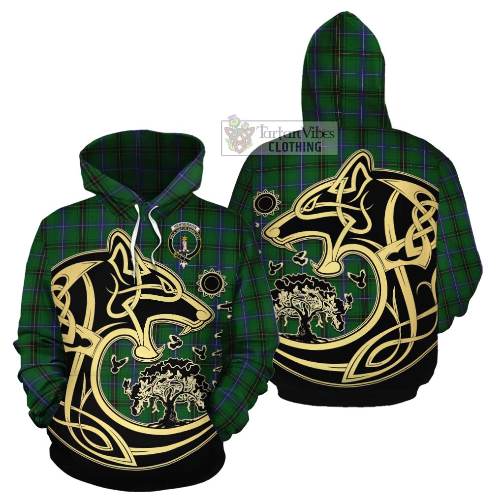 Tartan Vibes Clothing Henderson Tartan Cotton Hoodie with Family Crest Celtic Wolf Style