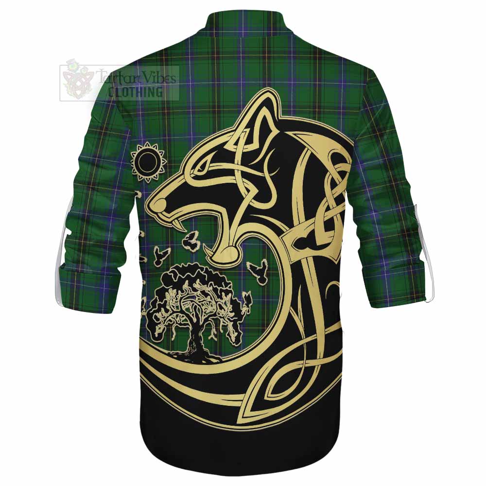 Tartan Vibes Clothing Henderson Tartan Ghillie Kilt Shirt with Family Crest Celtic Wolf Style