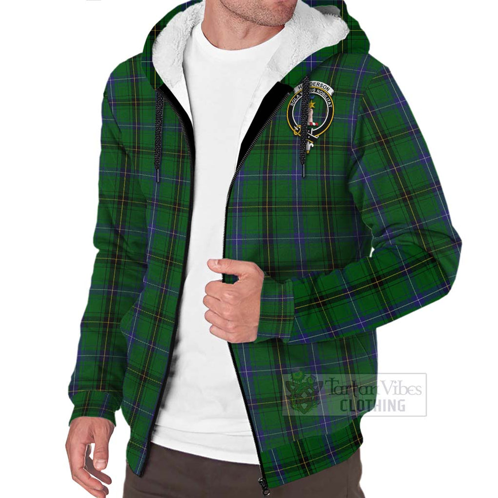 Tartan Vibes Clothing Henderson Tartan Sherpa Hoodie with Family Crest and Bearded Skull Holding Bottles of Whiskey