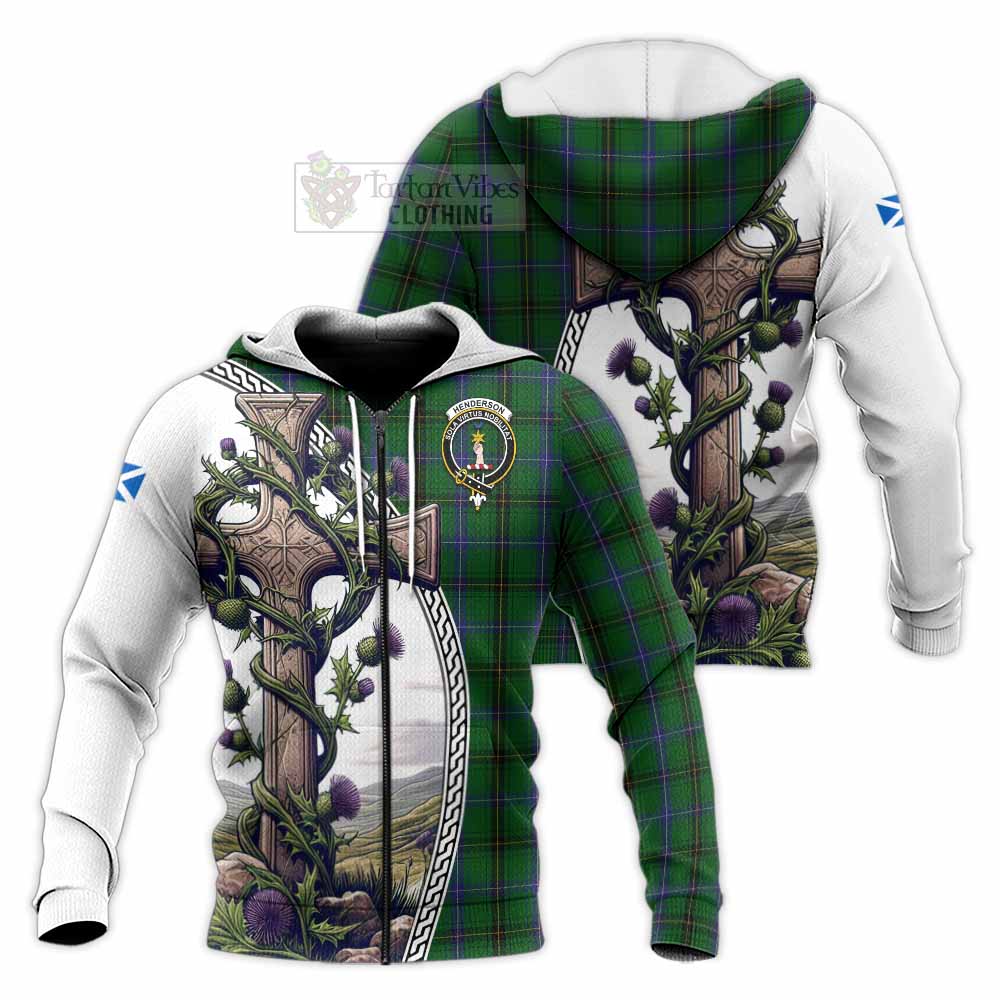 Tartan Vibes Clothing Henderson Tartan Knitted Hoodie with Family Crest and St. Andrew's Cross Accented by Thistle Vines