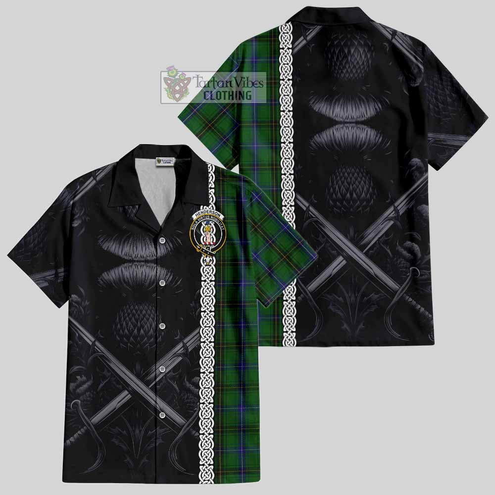 Tartan Vibes Clothing Henderson Tartan Short Sleeve Button Shirt with Family Crest Cross Sword Thistle Celtic Vibes