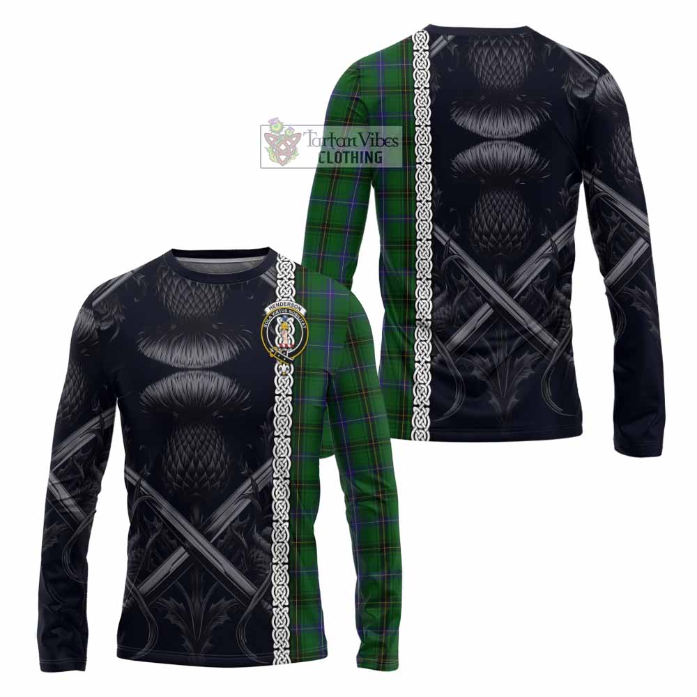 Tartan Vibes Clothing Henderson Tartan Long Sleeve T-Shirt with Family Crest Cross Sword Thistle Celtic Vibes