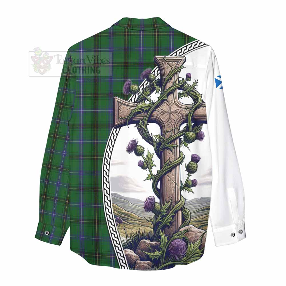 Tartan Vibes Clothing Henderson Tartan Women's Casual Shirt with Family Crest and St. Andrew's Cross Accented by Thistle Vines