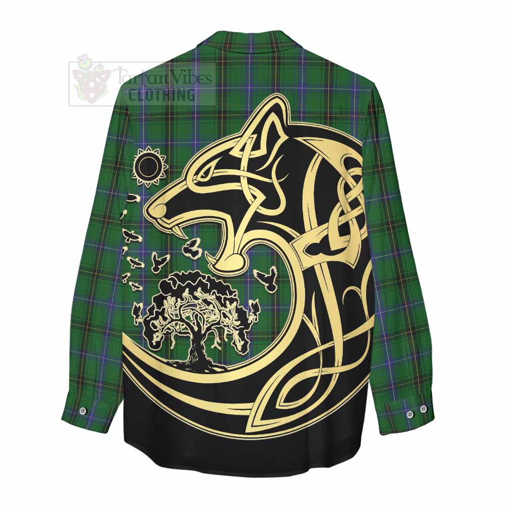 Tartan Vibes Clothing Henderson Tartan Women's Casual Shirt with Family Crest Celtic Wolf Style