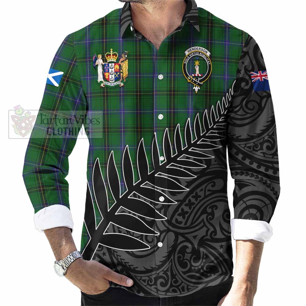 Tartan Vibes Clothing Henderson Crest Tartan Long Sleeve Button Shirt with New Zealand Silver Fern Half Style