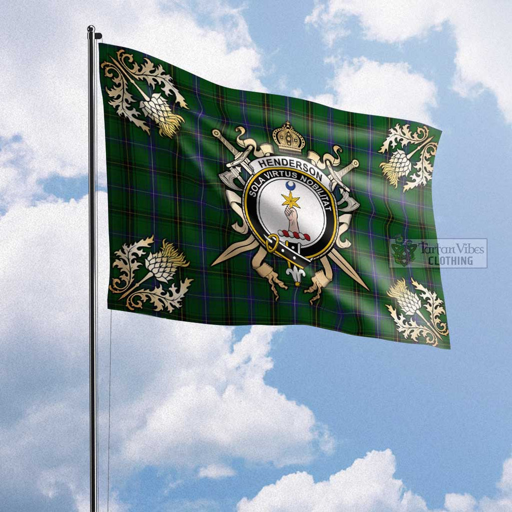 Tartan Vibes Clothing Henderson Tartan Flag with Family Crest and Golden Thistle Crossed Sword Design