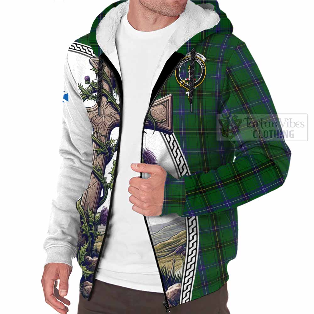 Tartan Vibes Clothing Henderson Tartan Sherpa Hoodie with Family Crest and St. Andrew's Cross Accented by Thistle Vines