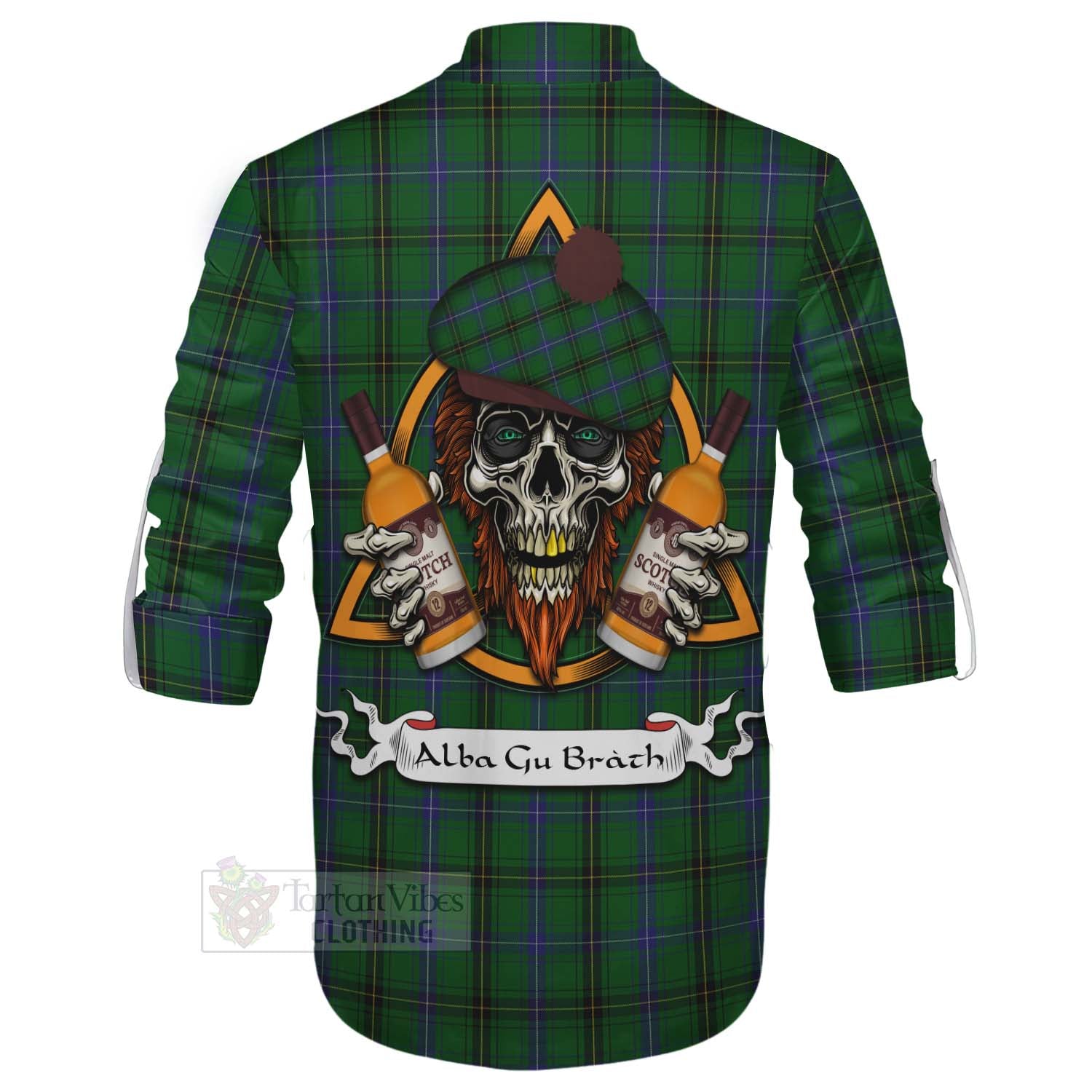 Tartan Vibes Clothing Henderson Tartan Ghillie Kilt Shirt with Family Crest and Bearded Skull Holding Bottles of Whiskey