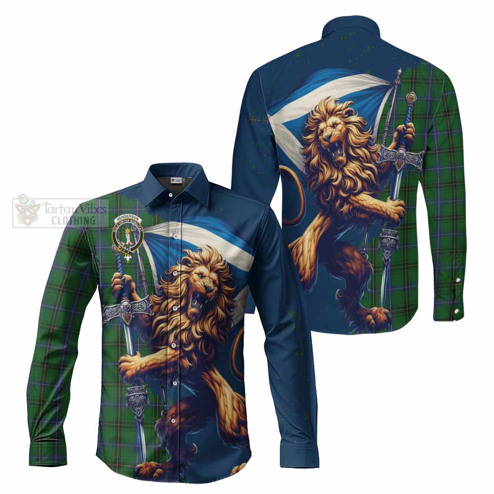 Tartan Vibes Clothing Henderson Tartan Family Crest Long Sleeve Button Shirt with Scottish Majestic Lion