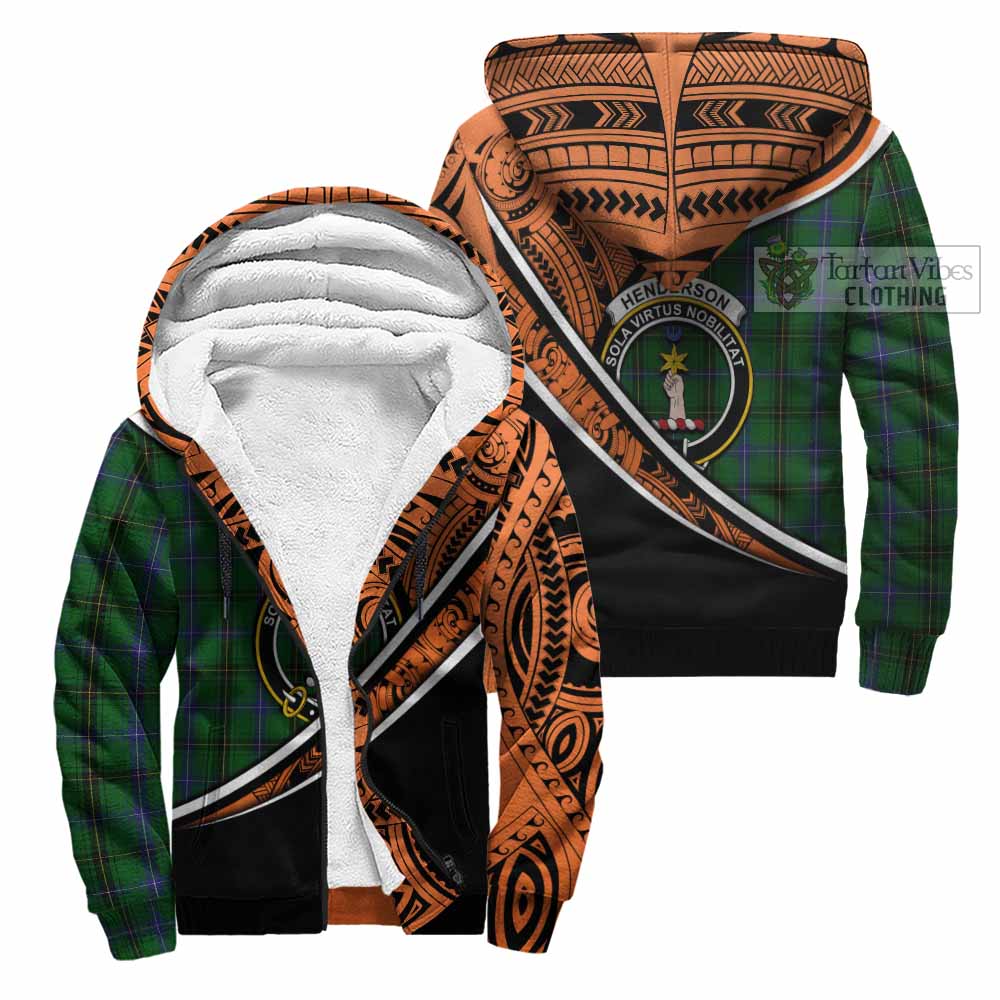 Tartan Vibes Clothing Henderson Crest Tartan Sherpa Hoodie with Maori Tattoo Style - Orange Version