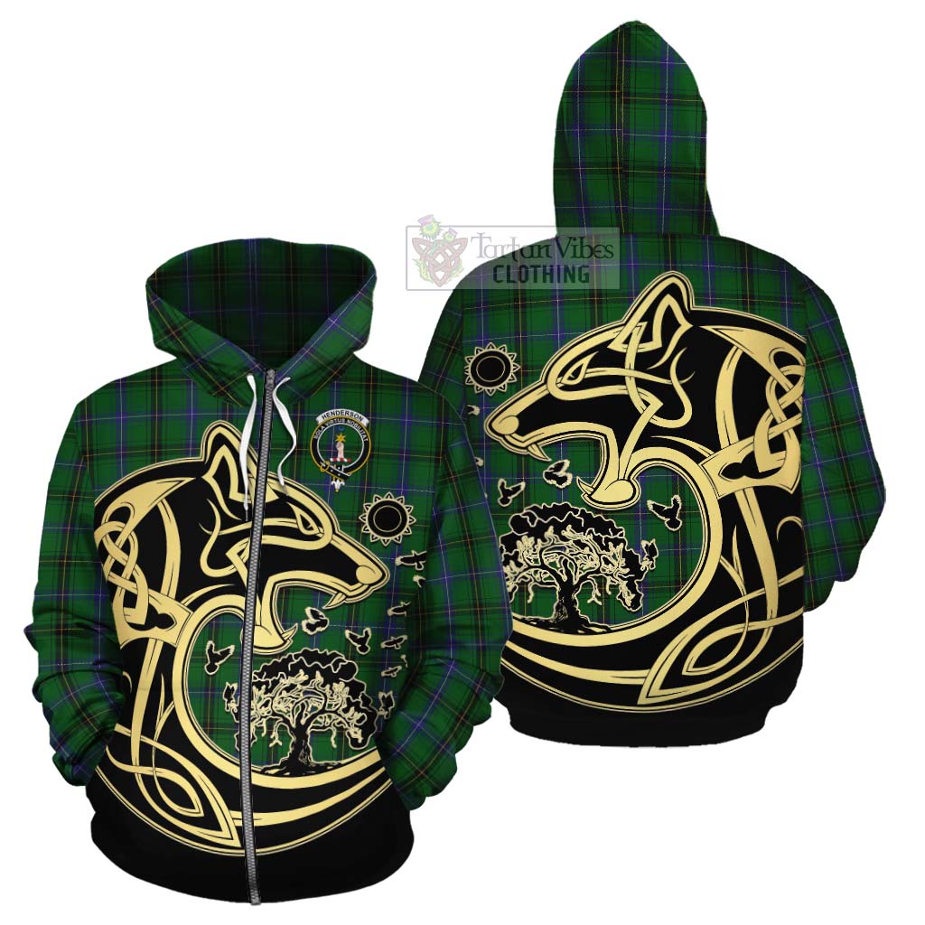 Tartan Vibes Clothing Henderson Tartan Cotton Hoodie with Family Crest Celtic Wolf Style