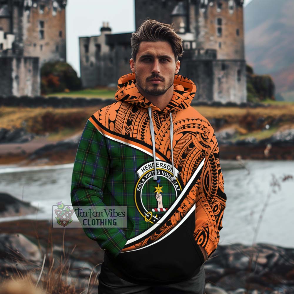 Tartan Vibes Clothing Henderson Crest Tartan Cotton Hoodie with Maori Tattoo Style - Orange Version