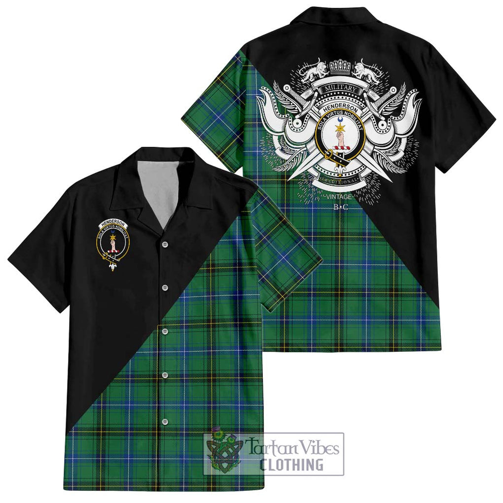 Henderson Ancient Tartan Short Sleeve Button Shirt with Family Crest and Military Logo Style Kid - Tartanvibesclothing Shop