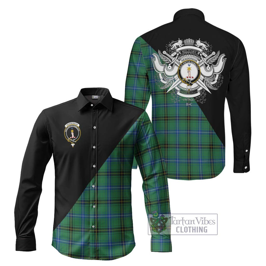 Henderson Ancient Tartan Long Sleeve Button Shirt with Family Crest and Military Logo Style Men's Shirt S - Tartanvibesclothing Shop