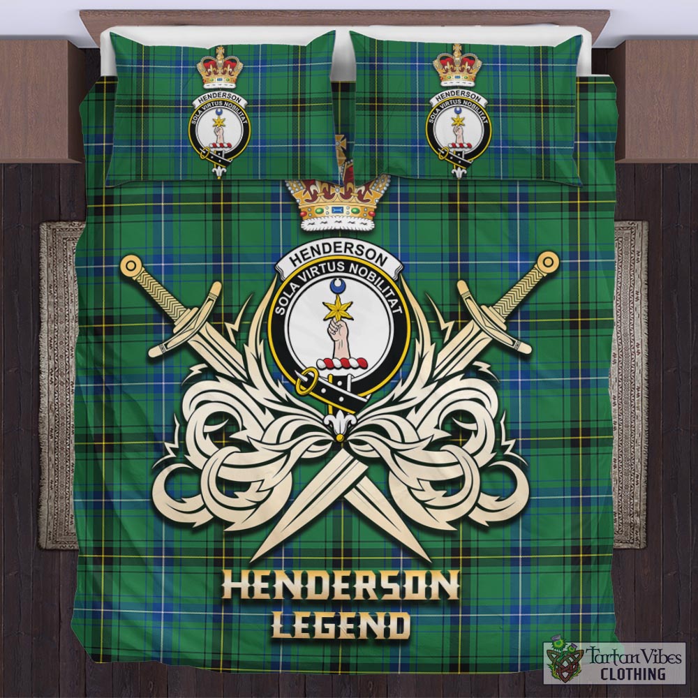 Tartan Vibes Clothing Henderson Ancient Tartan Bedding Set with Clan Crest and the Golden Sword of Courageous Legacy