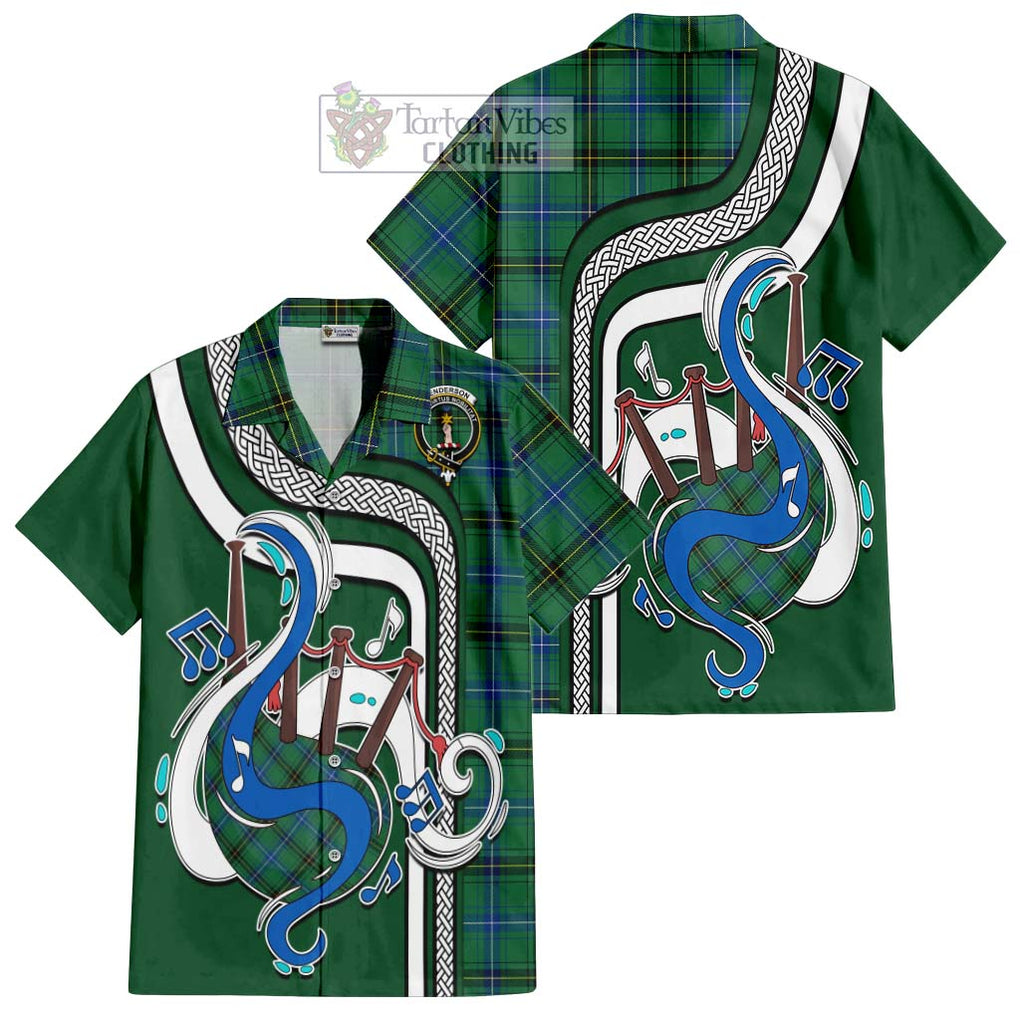 Henderson Ancient Tartan Short Sleeve Button Shirt with Epic Bagpipe Style Kid - Tartanvibesclothing Shop