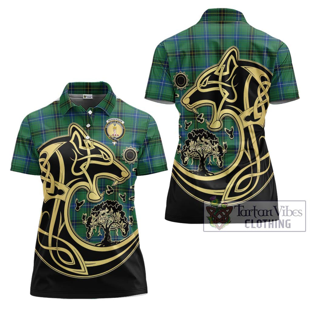 Henderson Ancient Tartan Women's Polo Shirt with Family Crest Celtic Wolf Style Women - Tartanvibesclothing Shop