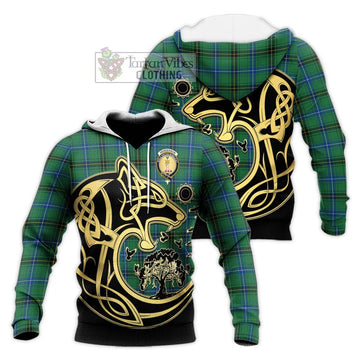 Henderson Ancient Tartan Knitted Hoodie with Family Crest Celtic Wolf Style