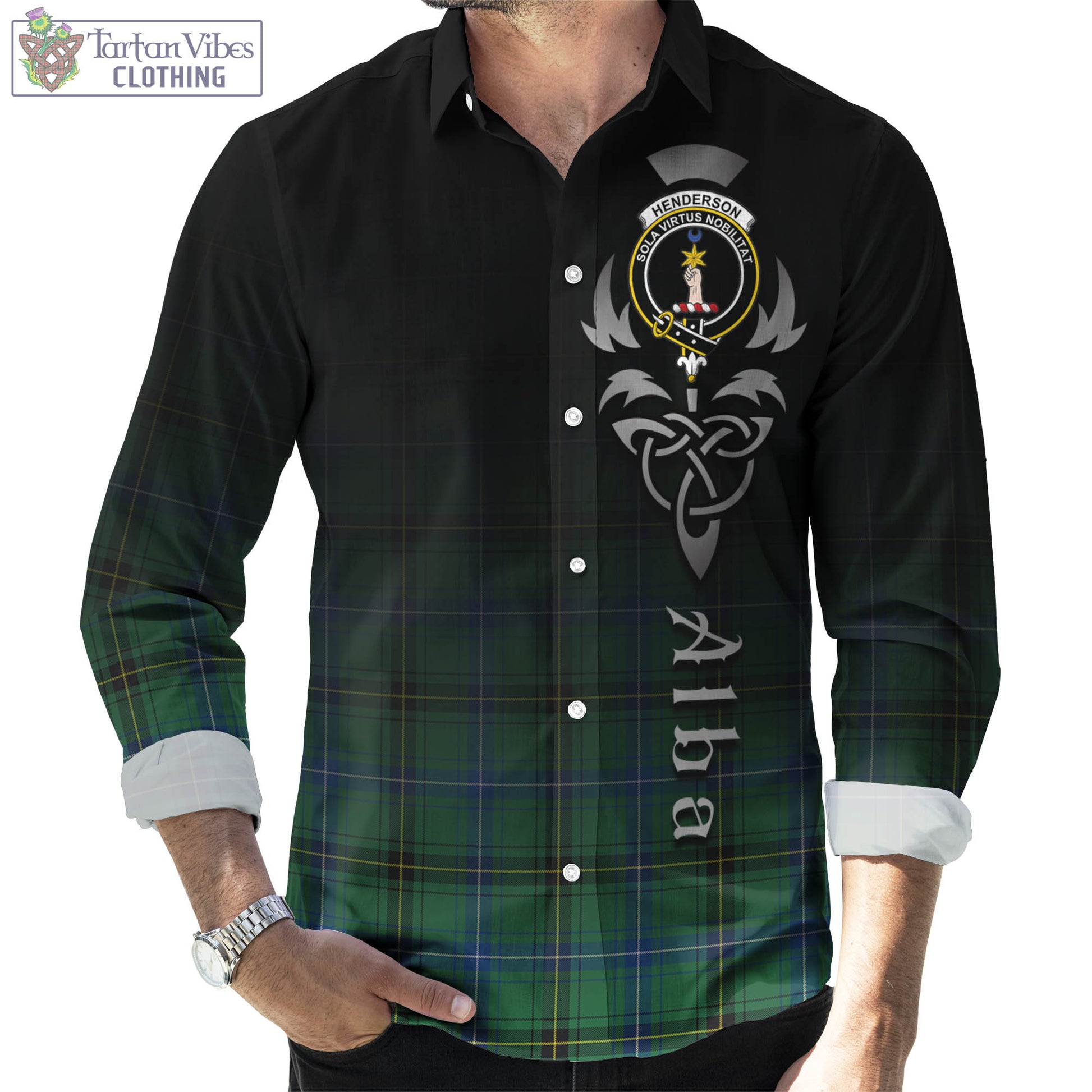 Tartan Vibes Clothing Henderson Ancient Tartan Long Sleeve Button Up Featuring Alba Gu Brath Family Crest Celtic Inspired