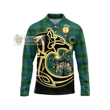 Henderson Ancient Tartan Long Sleeve Polo Shirt with Family Crest Celtic Wolf Style