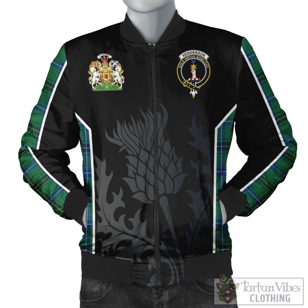 Tartan Vibes Clothing Henderson Ancient Tartan Bomber Jacket with Family Crest and Scottish Thistle Vibes Sport Style