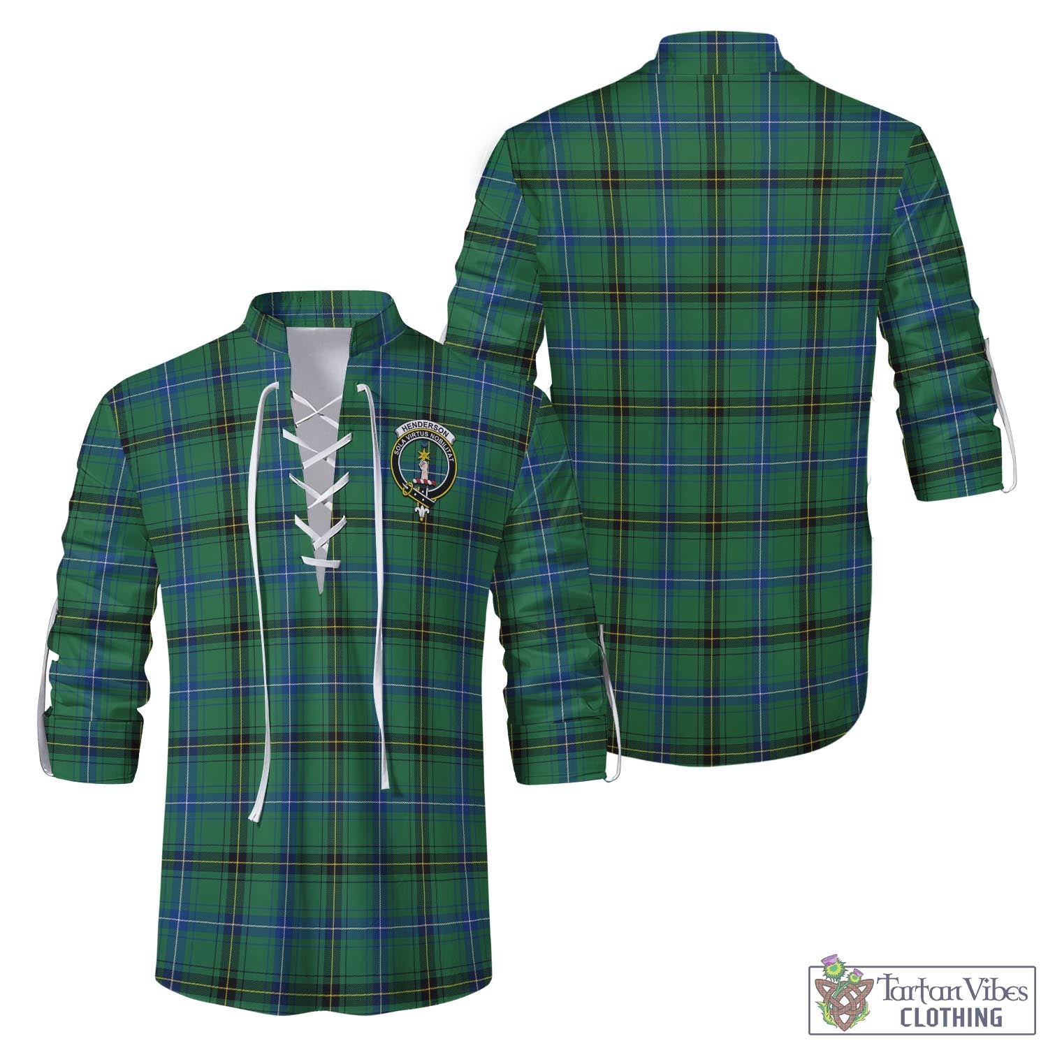 Tartan Vibes Clothing Henderson Ancient Tartan Men's Scottish Traditional Jacobite Ghillie Kilt Shirt with Family Crest