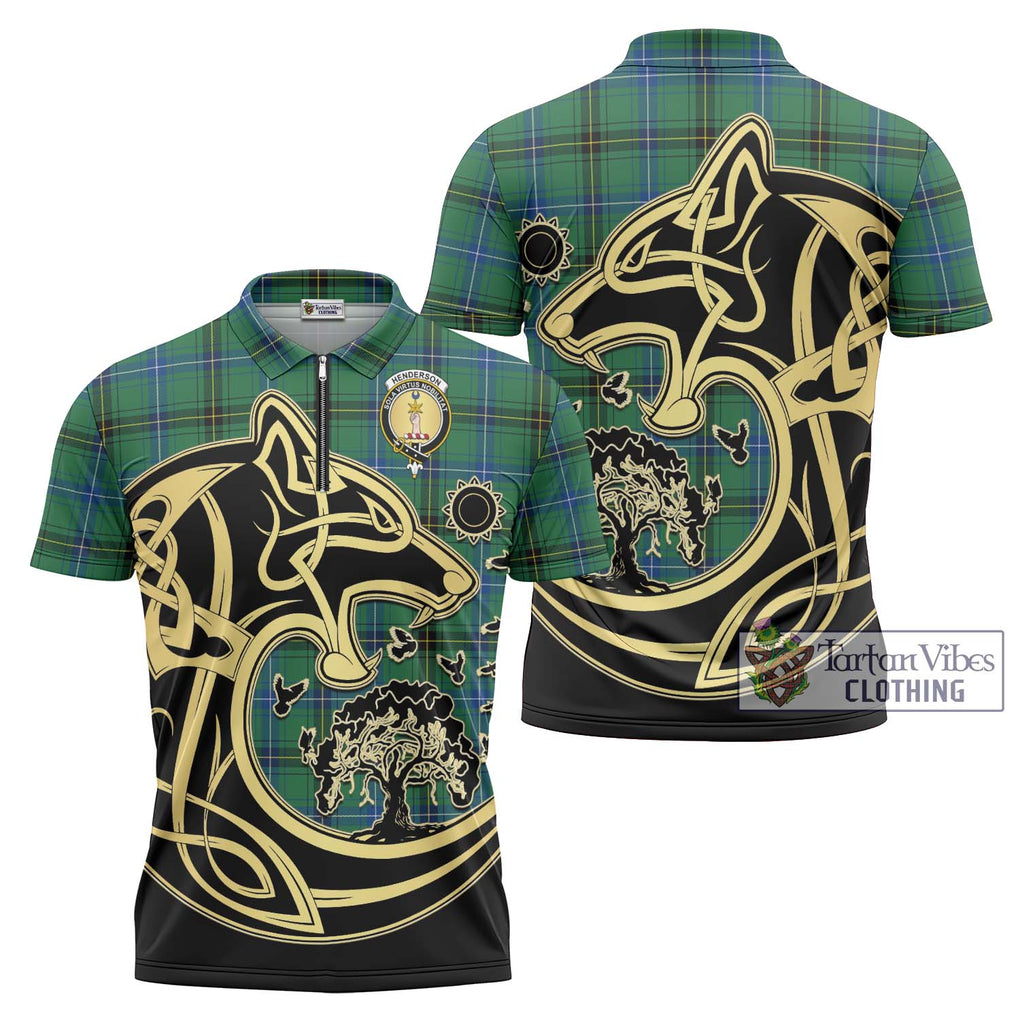 Henderson Ancient Tartan Zipper Polo Shirt with Family Crest Celtic Wolf Style Unisex - Tartanvibesclothing Shop