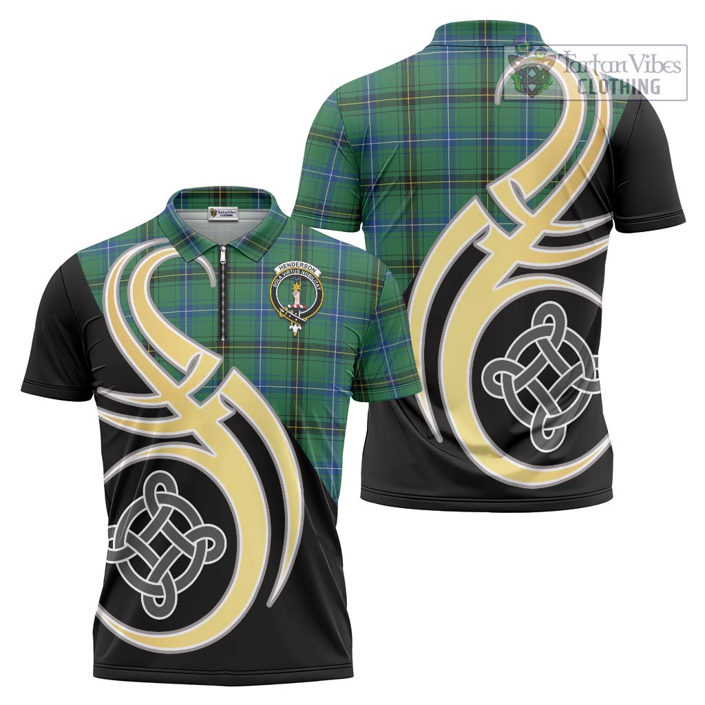 Tartan Vibes Clothing Henderson Ancient Tartan Zipper Polo Shirt with Family Crest and Celtic Symbol Style