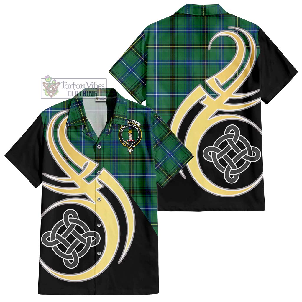 Henderson Ancient Tartan Short Sleeve Button Shirt with Family Crest and Celtic Symbol Style - Tartan Vibes Clothing