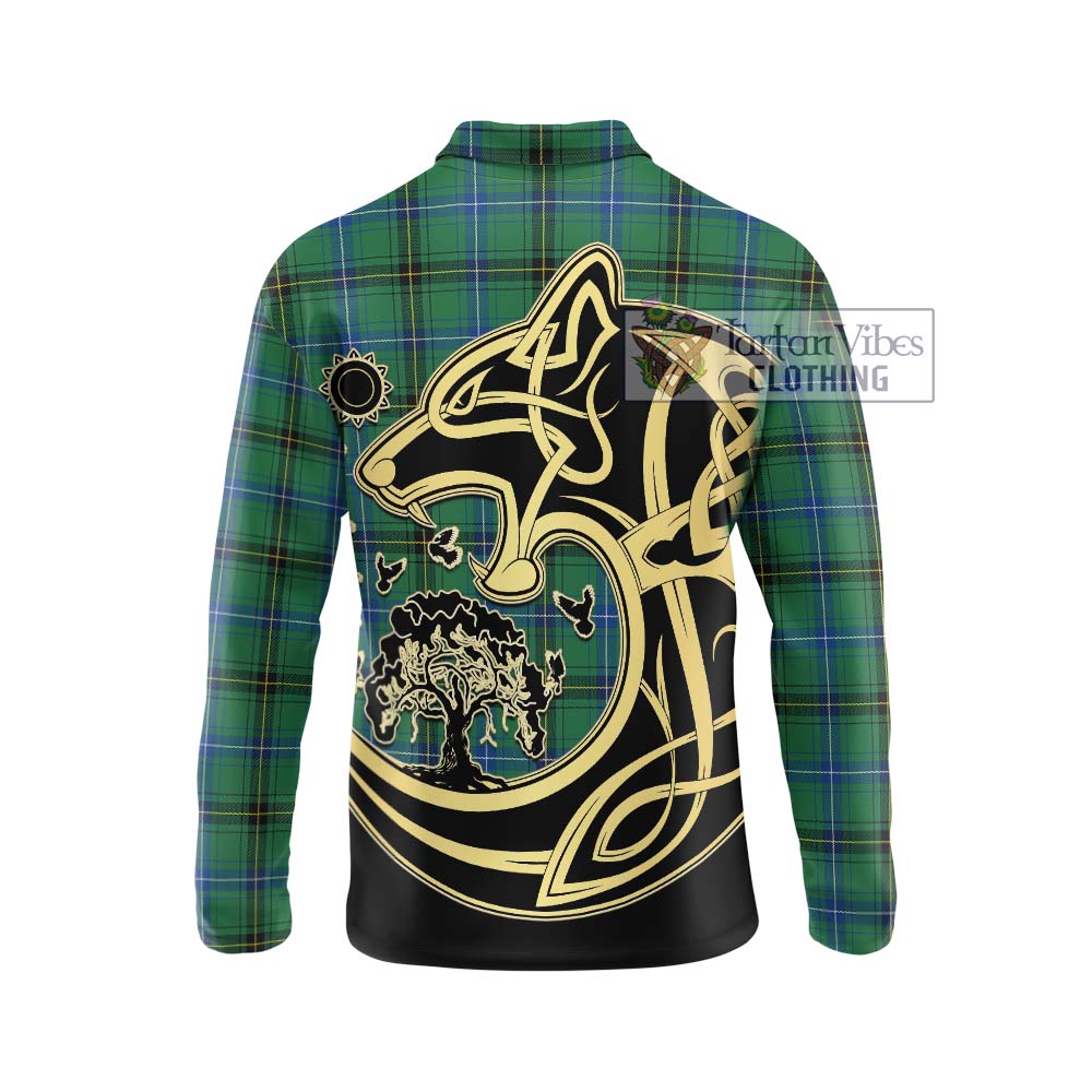 Henderson Ancient Tartan Long Sleeve Polo Shirt with Family Crest Celtic Wolf Style - Tartanvibesclothing Shop