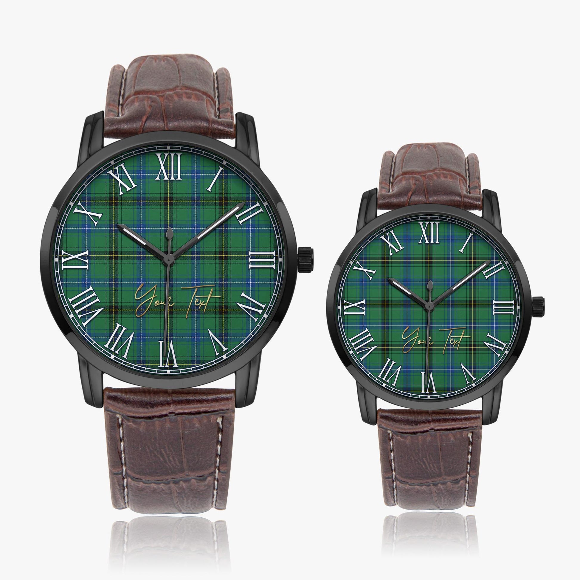 Henderson Ancient Tartan Personalized Your Text Leather Trap Quartz Watch Wide Type Black Case With Brown Leather Strap - Tartanvibesclothing