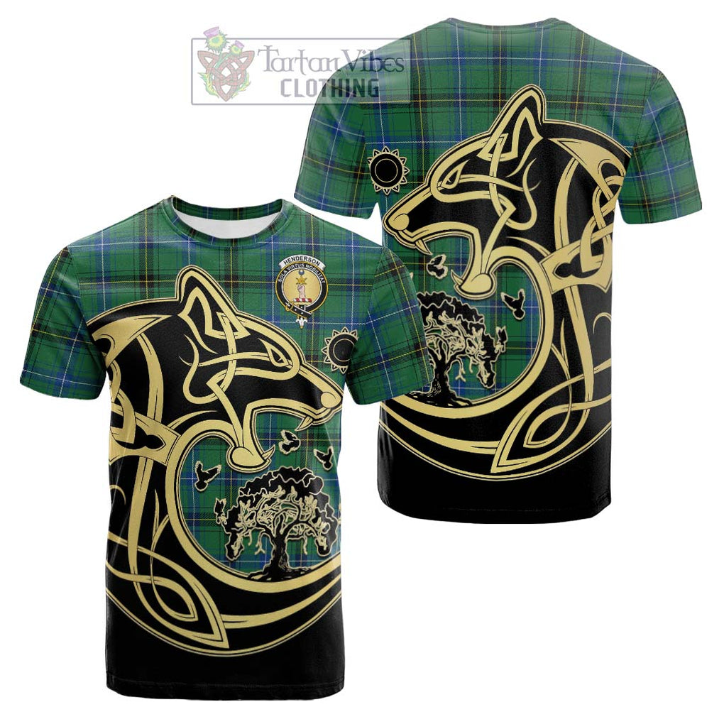 Tartan Vibes Clothing Henderson Ancient Tartan Cotton T-shirt with Family Crest Celtic Wolf Style