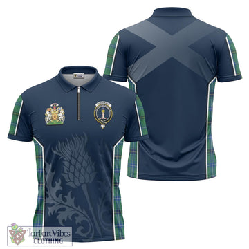 Henderson Ancient Tartan Zipper Polo Shirt with Family Crest and Scottish Thistle Vibes Sport Style