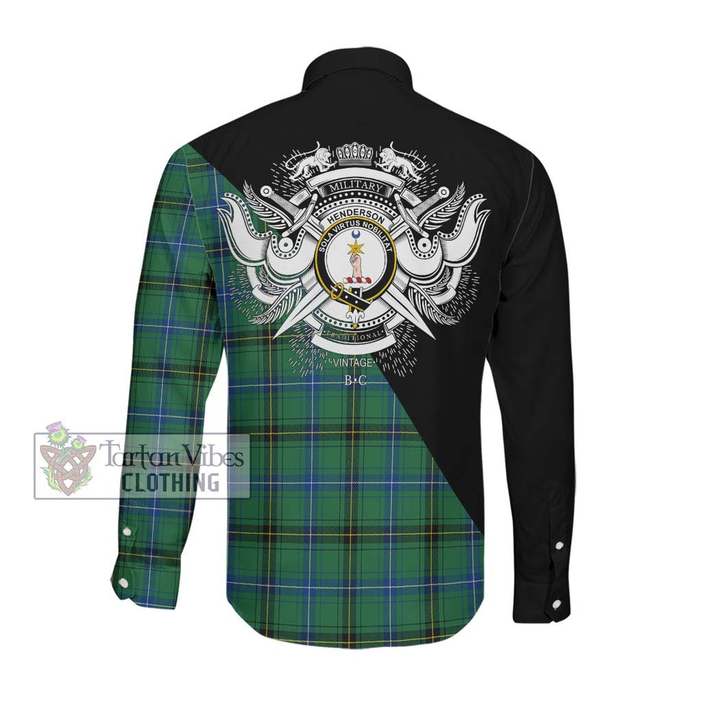 Henderson Ancient Tartan Long Sleeve Button Shirt with Family Crest and Military Logo Style Men's Shirt - Tartanvibesclothing Shop