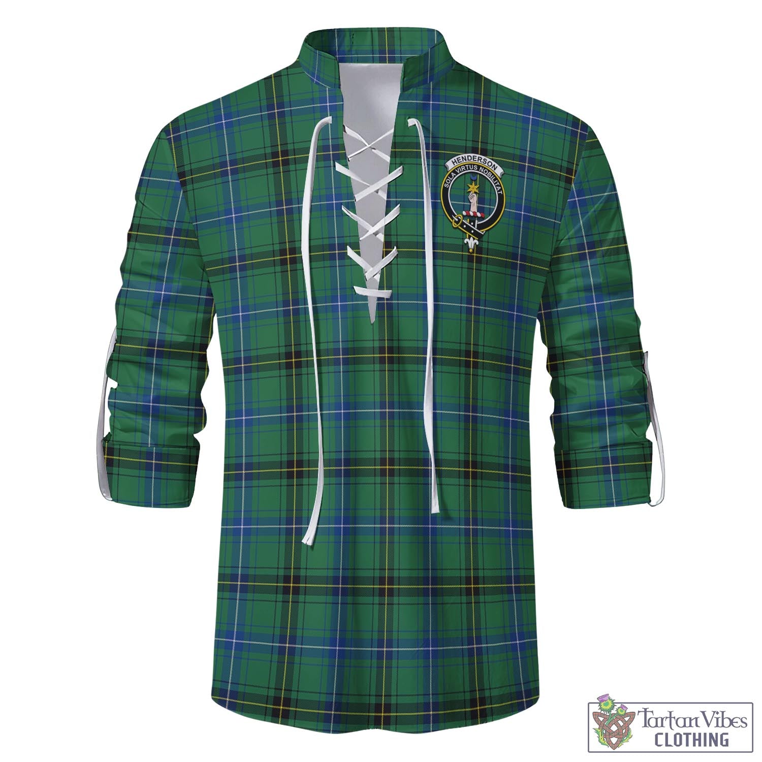 Tartan Vibes Clothing Henderson Ancient Tartan Men's Scottish Traditional Jacobite Ghillie Kilt Shirt with Family Crest