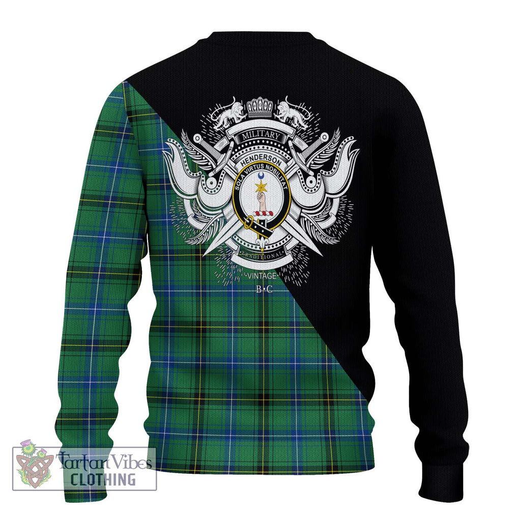 Henderson Ancient Tartan Knitted Sweater with Family Crest and Military Logo Style - Tartanvibesclothing Shop